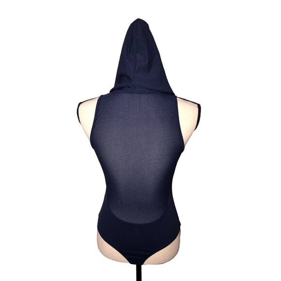 Giaim Hooded Mesh Bodysuit Navy Blue S XS Sleeveless Active Workout Sheer Cool - Picture 3 of 10